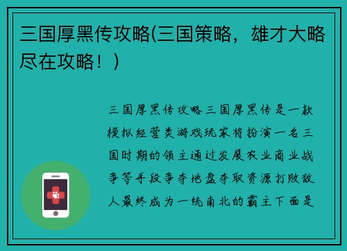 三国厚黑传攻略(三国策略，雄才大略尽在攻略！)