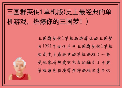 三国群英传1单机版(史上最经典的单机游戏，燃爆你的三国梦！)