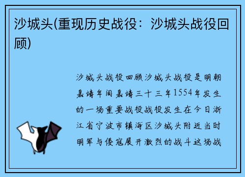 沙城头(重现历史战役：沙城头战役回顾)